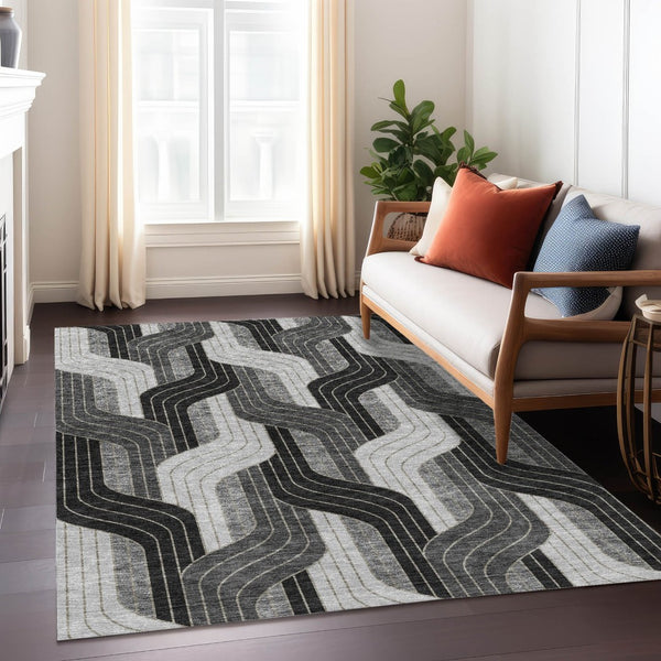 HomeRoots 5' Stylish Black, Gray & Silver Striped Washable Area Rug – Perfect for Indoor & Outdoor Spaces! 691393