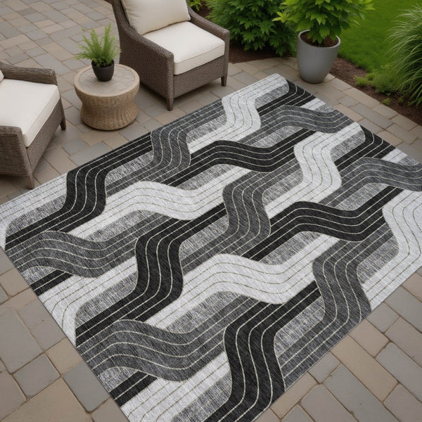 HomeRoots 5' Stylish Black, Gray & Silver Striped Washable Area Rug – Perfect for Indoor & Outdoor Spaces! 691393