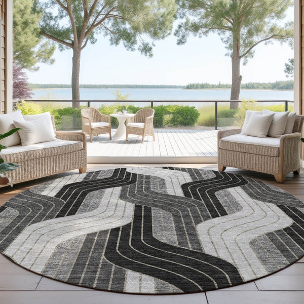 HomeRoots 8' Striped Washable Area Rug in Black, Gray & Silver - Stylish Indoor/Outdoor Décor for All Spaces 691394