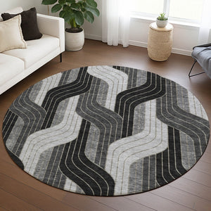 HomeRoots 8' Striped Washable Area Rug in Black, Gray & Silver - Stylish Indoor/Outdoor Décor for All Spaces 691394