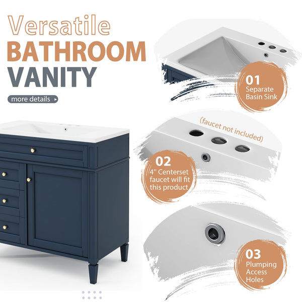 English Elm 36'' Modern Bathroom Vanity with Mirror Cabinet and Sink, Spacious Storage, Soft-Close Doors & Drawers Blue SW000134AAC-3