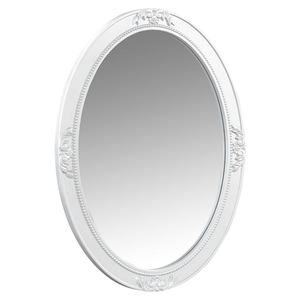 English Elm Luxury Makeup Vanity Desk with Oval Mirror and Engraved Floral Frame, Velvet Jewelry Tray, Durable Drawers and Elegant Console for Bedroom & Living Room Decor Silver N844P292481S