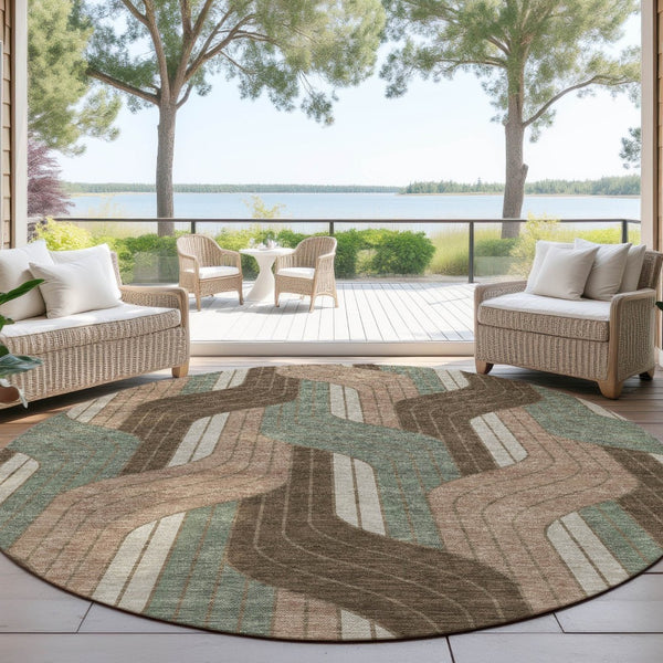 HomeRoots 8' Chocolate Beige and Taupe Round Striped Area Rug - Washable, Durable, Indoor/Outdoor Comfort Solution 691400