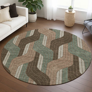 HomeRoots 8' Chocolate Beige and Taupe Round Striped Area Rug - Washable, Durable, Indoor/Outdoor Comfort Solution 691400