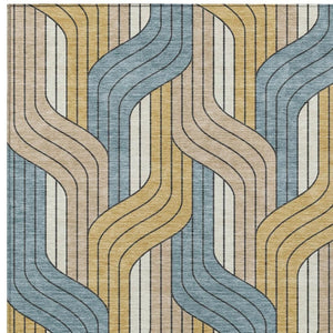 HomeRoots 5' Colorful Striped Washable Area Rug - Durable Indoor/Outdoor Accent in Gold, Teal, Beige Tones 691405