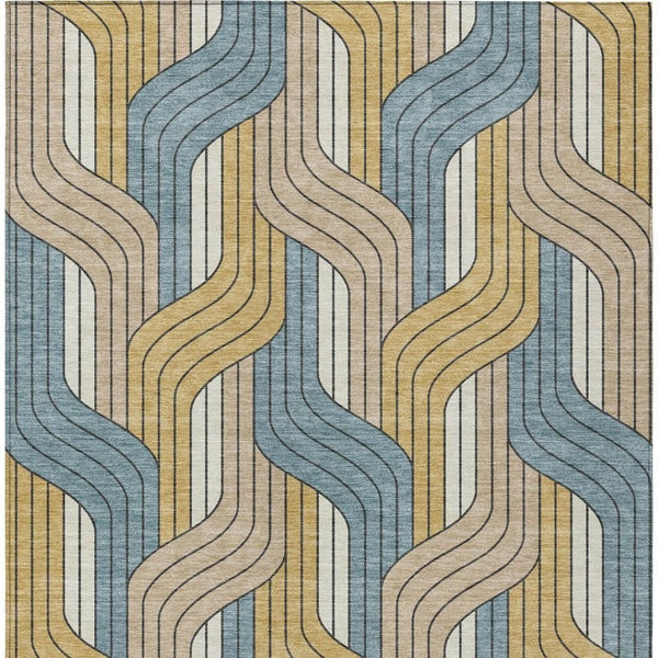 HomeRoots 5' Colorful Striped Washable Area Rug - Durable Indoor/Outdoor Accent in Gold, Teal, Beige Tones 691405