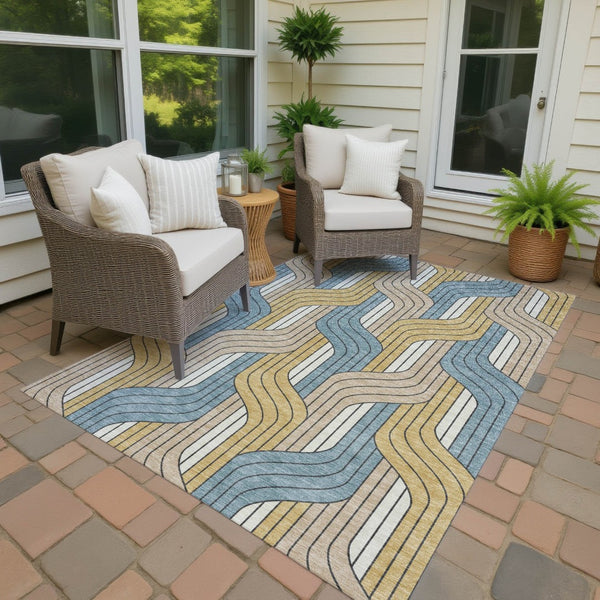 HomeRoots 5' Colorful Striped Washable Area Rug - Durable Indoor/Outdoor Accent in Gold, Teal, Beige Tones 691405