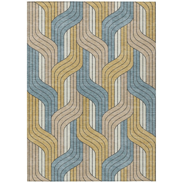 HomeRoots 5' Colorful Striped Washable Area Rug - Durable Indoor/Outdoor Accent in Gold, Teal, Beige Tones 691405