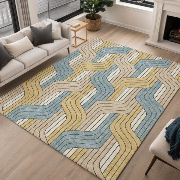 HomeRoots 5' Colorful Striped Washable Area Rug - Durable Indoor/Outdoor Accent in Gold, Teal, Beige Tones 691405