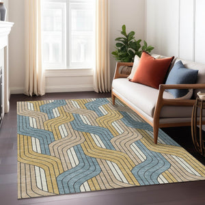 HomeRoots 5' Colorful Striped Washable Area Rug - Durable Indoor/Outdoor Accent in Gold, Teal, Beige Tones 691405
