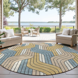 HomeRoots 8' Striped Round Area Rug in Gold, Teal Blue & Beige - Durable, Washable for Indoor & Outdoor Use 691406