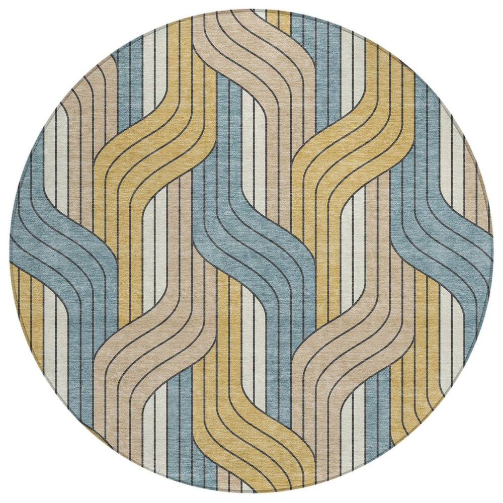 HomeRoots 8' Striped Round Area Rug in Gold, Teal Blue & Beige - Durable, Washable for Indoor & Outdoor Use 691406