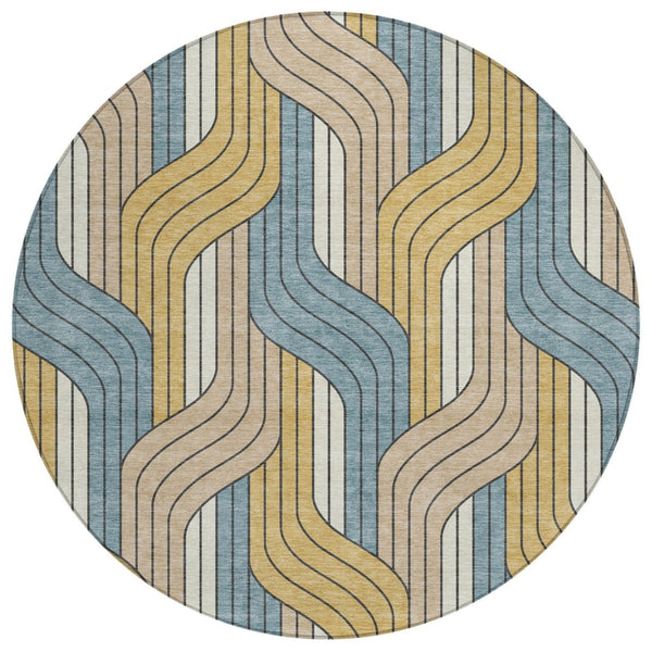 HomeRoots 8' Striped Round Area Rug in Gold, Teal Blue & Beige - Durable, Washable for Indoor & Outdoor Use 691406