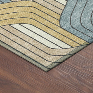 HomeRoots 8' Striped Round Area Rug in Gold, Teal Blue & Beige - Durable, Washable for Indoor & Outdoor Use 691406