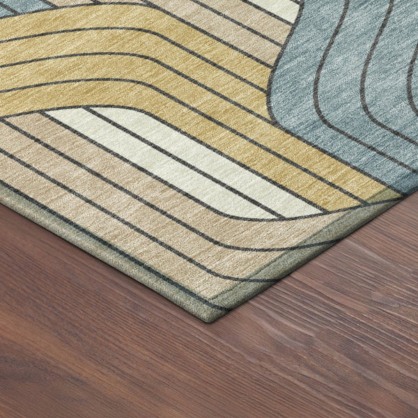 HomeRoots 8' Striped Round Area Rug in Gold, Teal Blue & Beige - Durable, Washable for Indoor & Outdoor Use 691406