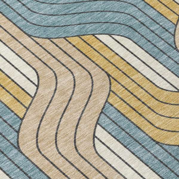 HomeRoots 8' Striped Round Area Rug in Gold, Teal Blue & Beige - Durable, Washable for Indoor & Outdoor Use 691406