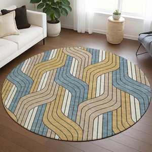 HomeRoots 8' Striped Round Area Rug in Gold, Teal Blue & Beige - Durable, Washable for Indoor & Outdoor Use 691406