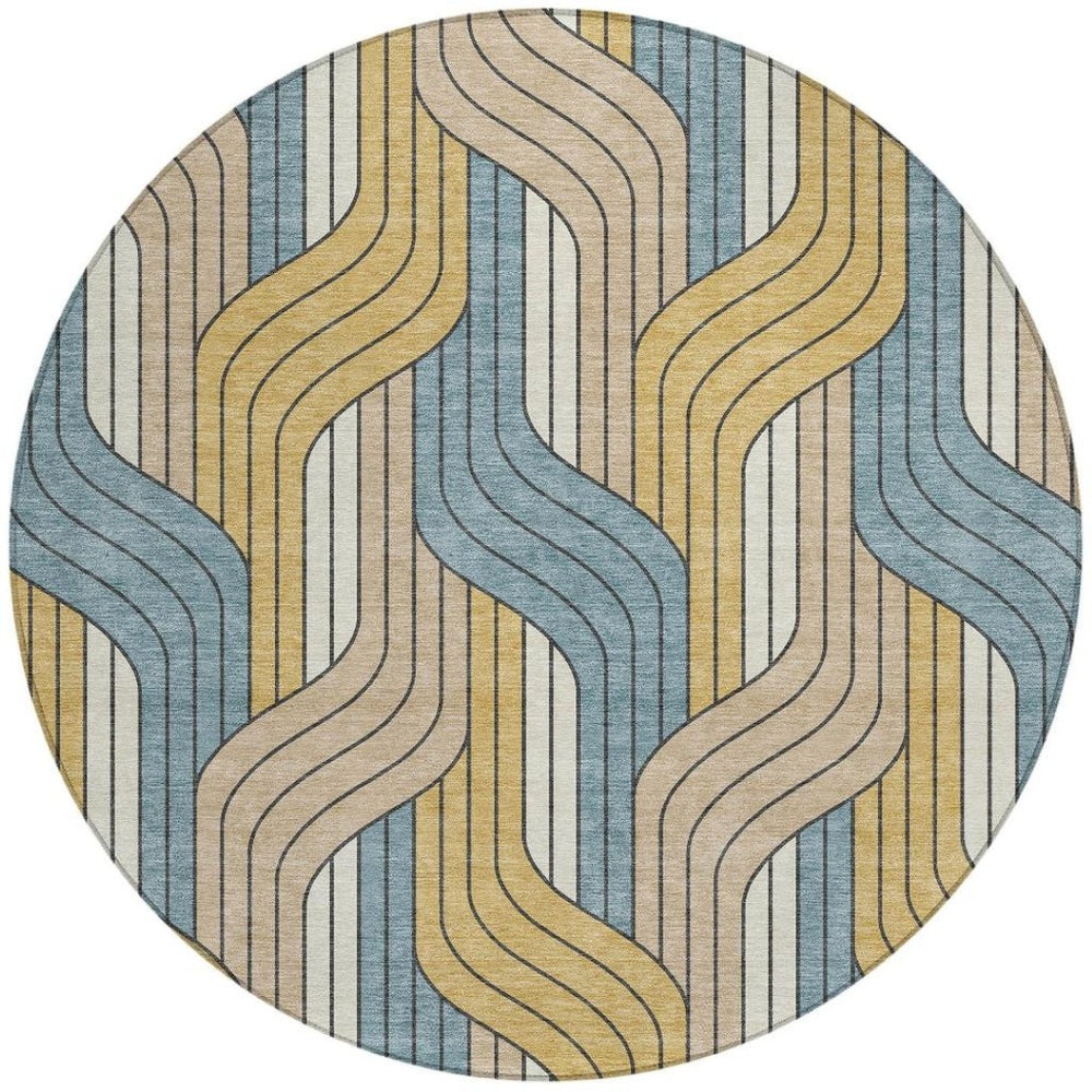 HomeRoots 8' Striped Round Area Rug in Gold, Teal Blue & Beige - Durable, Washable for Indoor & Outdoor Use 691406