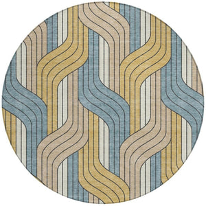 HomeRoots 8' Striped Round Area Rug in Gold, Teal Blue & Beige - Durable, Washable for Indoor & Outdoor Use 691406