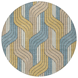HomeRoots 8' Striped Round Area Rug in Gold, Teal Blue & Beige - Durable, Washable for Indoor & Outdoor Use 691406