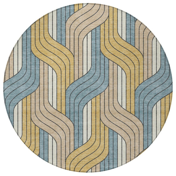 HomeRoots 8' Striped Round Area Rug in Gold, Teal Blue & Beige - Durable, Washable for Indoor & Outdoor Use 691406