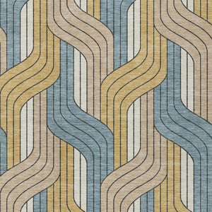 HomeRoots 8' Stylish Gold, Teal Blue & Beige Striped Washable Area Rug - Perfect for Indoor & Outdoor Use! 691407