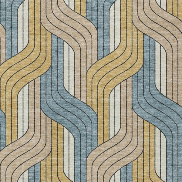 HomeRoots 8' Stylish Gold, Teal Blue & Beige Striped Washable Area Rug - Perfect for Indoor & Outdoor Use! 691407