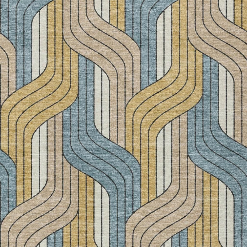 HomeRoots 9' X 12' Coastal-Inspired Striped Area Rug in Gold, Teal Blue & Beige - Durable, Washable & Stylish! 691408