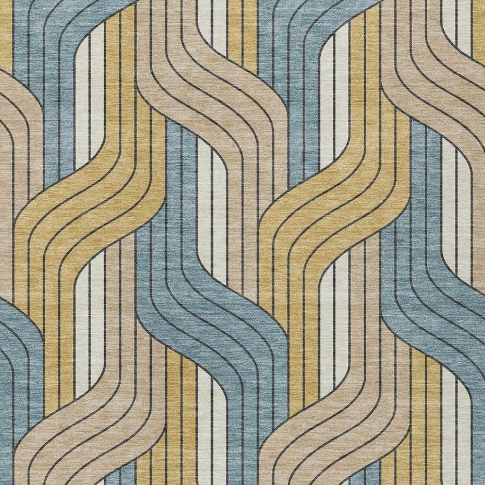 HomeRoots 10' Striped Washable Indoor Outdoor Area Rug in Gold, Teal Blue & Beige - Durable & Stylish Décor Solution 691409