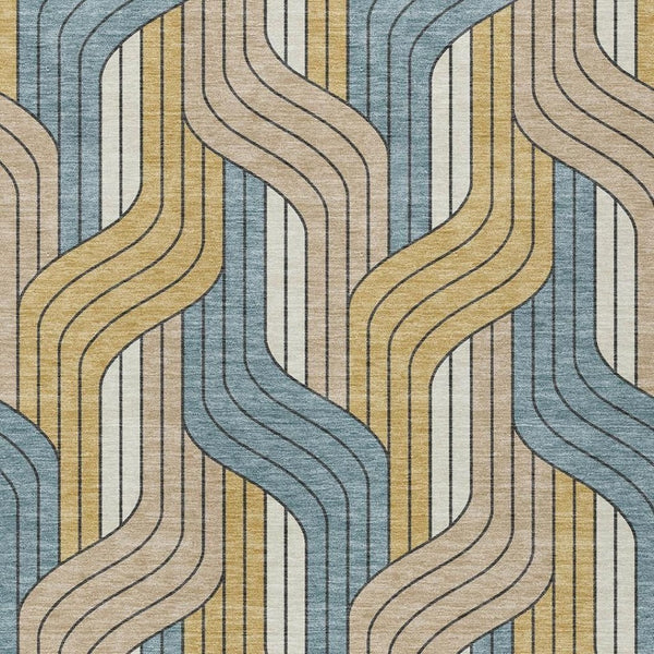 HomeRoots 10' Striped Washable Indoor Outdoor Area Rug in Gold, Teal Blue & Beige - Durable & Stylish Décor Solution 691409