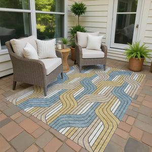 HomeRoots 10' Striped Washable Indoor Outdoor Area Rug in Gold, Teal Blue & Beige - Durable & Stylish Décor Solution 691409
