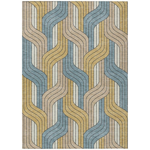 HomeRoots 10' Striped Washable Indoor Outdoor Area Rug in Gold, Teal Blue & Beige - Durable & Stylish Décor Solution 691409