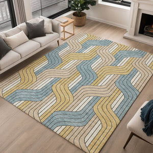 HomeRoots 10' Striped Washable Indoor Outdoor Area Rug in Gold, Teal Blue & Beige - Durable & Stylish Décor Solution 691409