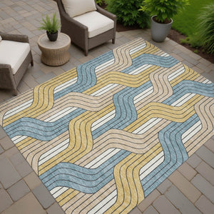 HomeRoots 10' Striped Washable Indoor Outdoor Area Rug in Gold, Teal Blue & Beige - Durable & Stylish Décor Solution 691409