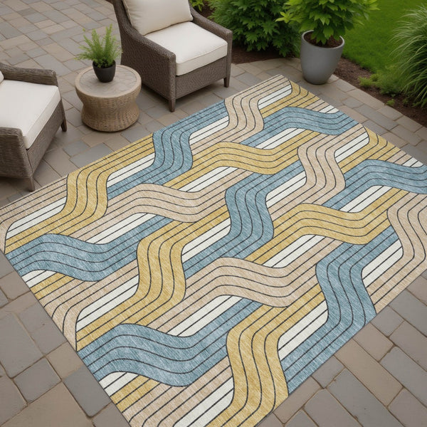 HomeRoots 10' Striped Washable Indoor Outdoor Area Rug in Gold, Teal Blue & Beige - Durable & Stylish Décor Solution 691409
