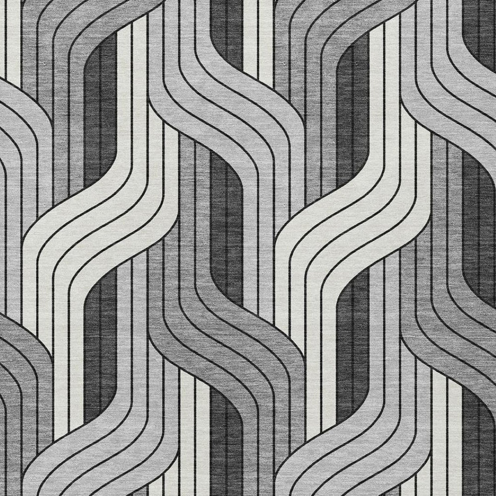 HomeRoots 5' Striped Ivory Gray and Black Area Rug - Durable, Washable, Versatile for Indoor and Outdoor Use! 691411