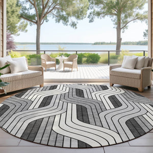 HomeRoots 8' Stylish Washable Round Area Rug in Ivory, Gray & Black – Perfect for Indoor & Outdoor Use! 691412