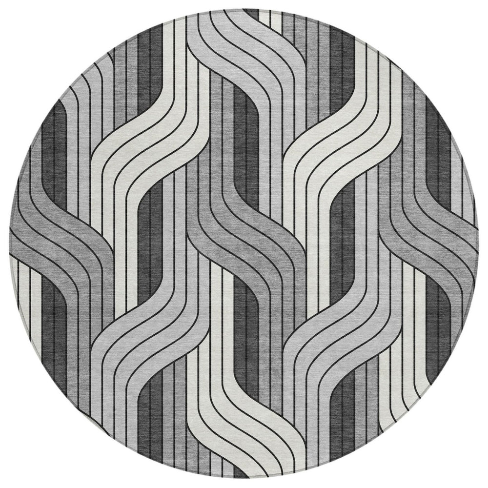 HomeRoots 8' Stylish Washable Round Area Rug in Ivory, Gray & Black – Perfect for Indoor & Outdoor Use! 691412