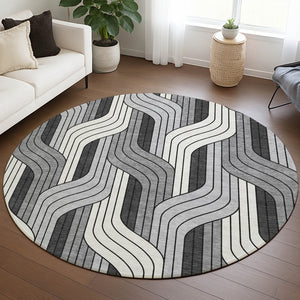 HomeRoots 8' Stylish Washable Round Area Rug in Ivory, Gray & Black – Perfect for Indoor & Outdoor Use! 691412