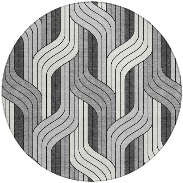 HomeRoots 8' Stylish Washable Round Area Rug in Ivory, Gray & Black – Perfect for Indoor & Outdoor Use! 691412