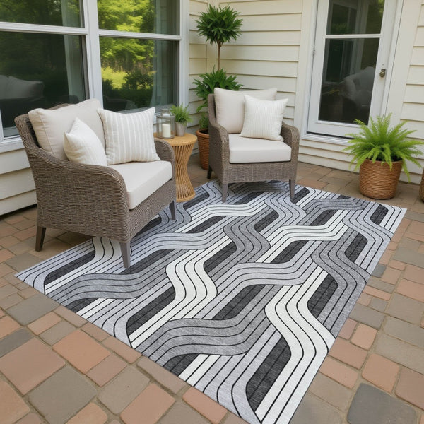HomeRoots 9' X 12' Stylish Ivory, Gray, and Black Striped Washable Area Rug for Indoor & Outdoor Use 691414
