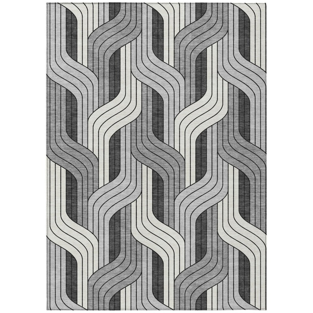 HomeRoots 9' X 12' Stylish Ivory, Gray, and Black Striped Washable Area Rug for Indoor & Outdoor Use 691414