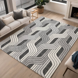 HomeRoots 10' Striped Washable Area Rug - Ivory, Gray & Black Indoor/Outdoor, Durable & Stylish for Any Space 691415