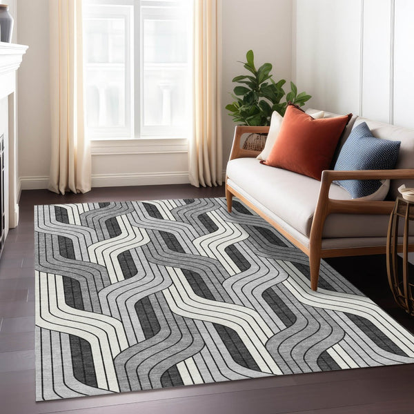 HomeRoots 10' Striped Washable Area Rug - Ivory, Gray & Black Indoor/Outdoor, Durable & Stylish for Any Space 691415