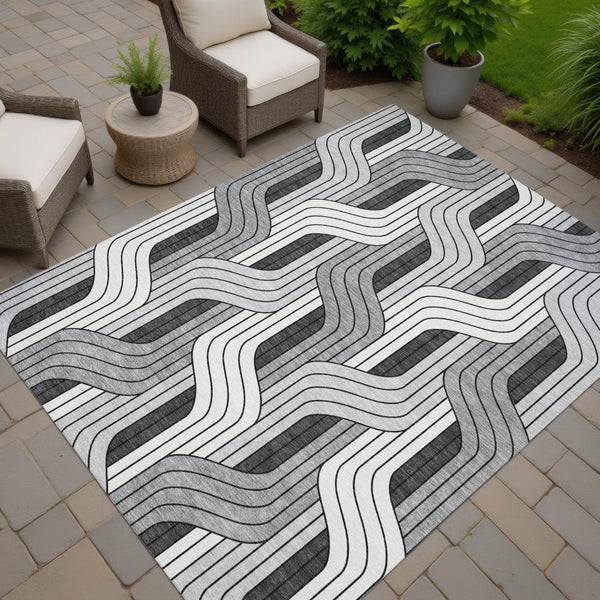 HomeRoots 10' Striped Washable Area Rug - Ivory, Gray & Black Indoor/Outdoor, Durable & Stylish for Any Space 691415