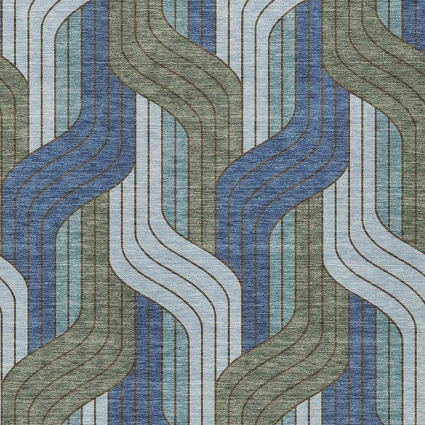 HomeRoots 5' Navy Blue, Sky Blue & Artichoke Green Striped Washable Area Rug for Indoor & Outdoor Use 691417