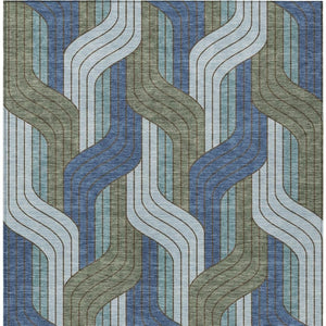 HomeRoots 5' Navy Blue, Sky Blue & Artichoke Green Striped Washable Area Rug for Indoor & Outdoor Use 691417