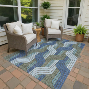 HomeRoots 5' Navy Blue, Sky Blue & Artichoke Green Striped Washable Area Rug for Indoor & Outdoor Use 691417
