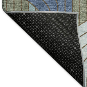 HomeRoots 5' Navy Blue, Sky Blue & Artichoke Green Striped Washable Area Rug for Indoor & Outdoor Use 691417