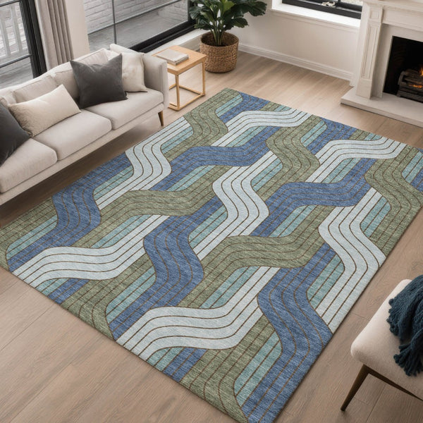 HomeRoots 5' Navy Blue, Sky Blue & Artichoke Green Striped Washable Area Rug for Indoor & Outdoor Use 691417